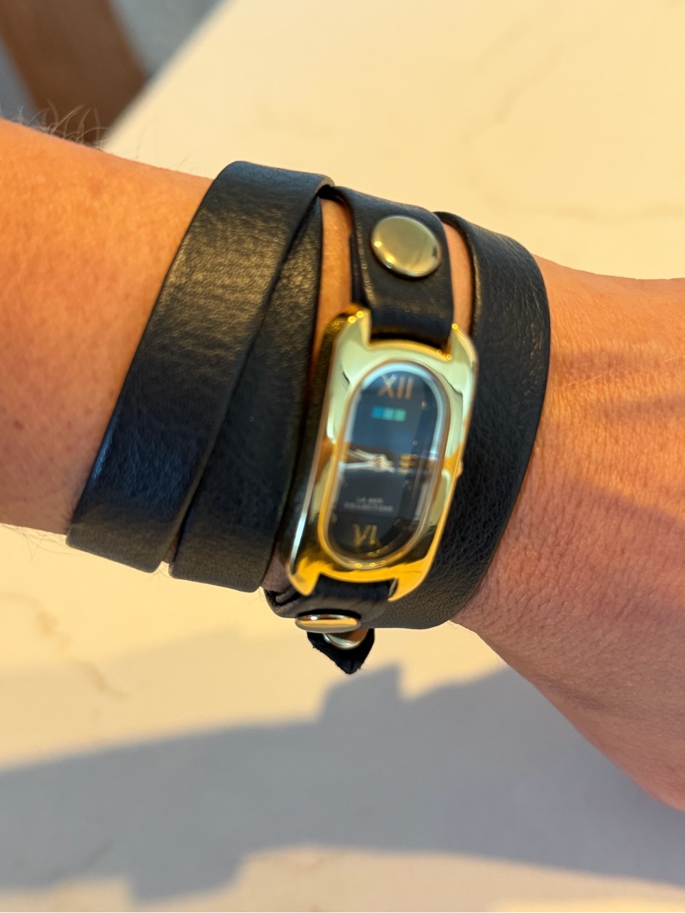 La Mer Gold-Tone Rectangular Smartwatch with Black Leather Wrap Band